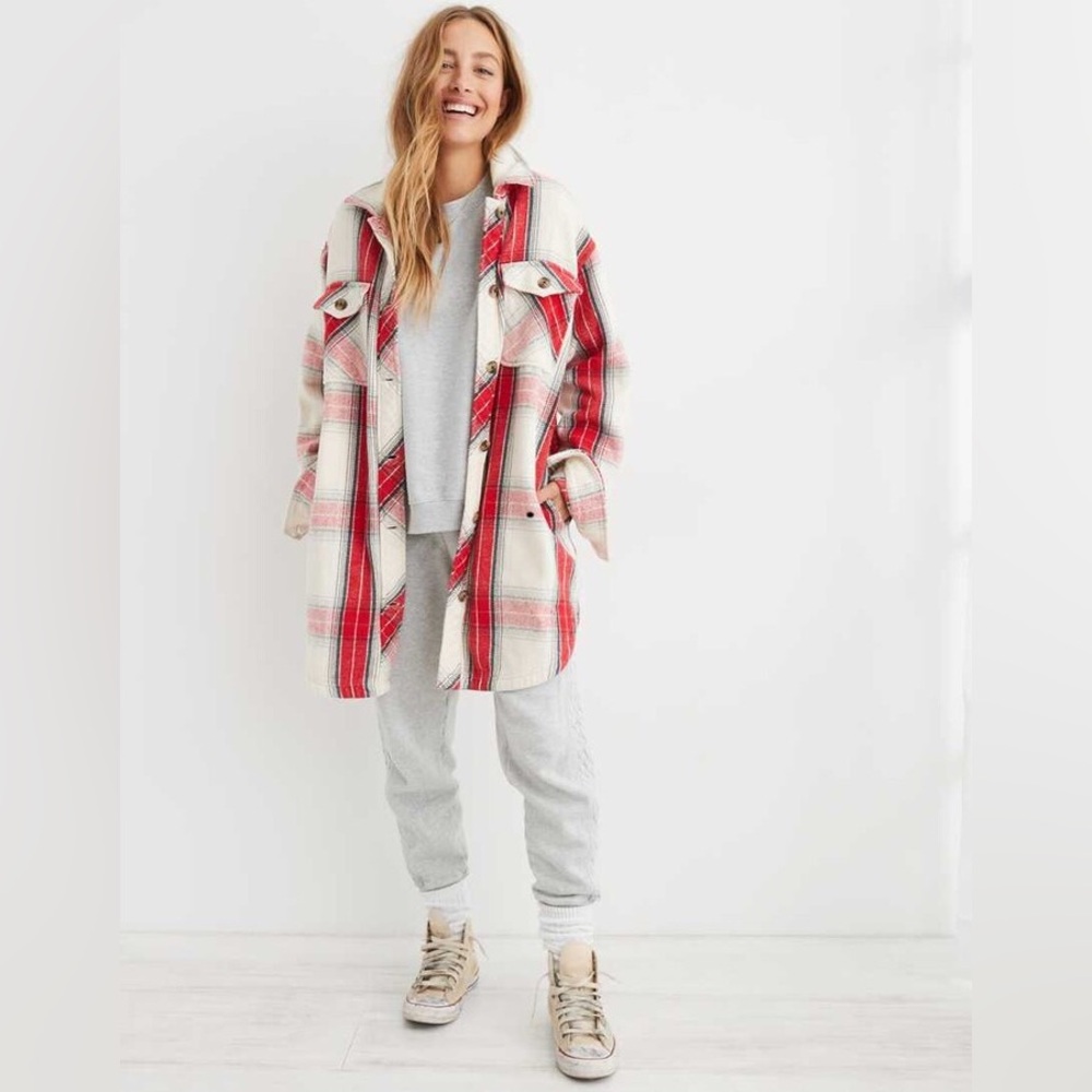 Aerie Oversized Plaid Cotton Flannel Long Shacket Chilly Red/Ivory